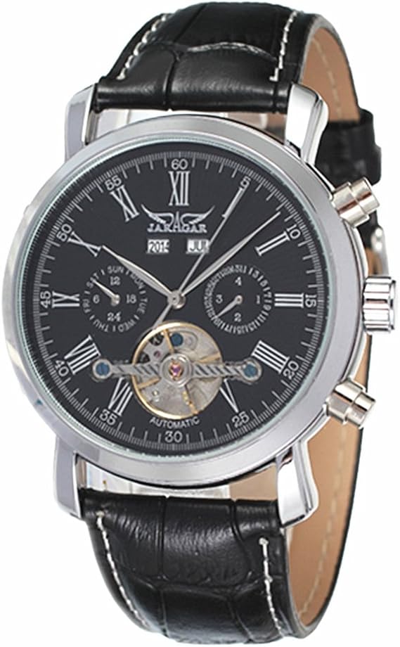 Amazon Jaragar カレンダー トゥールビヨン 自動機械式メンズ腕時計 トップブランド 高級レザーストラップ 腕時計 ブラック メンズ腕時計 腕時計 通販