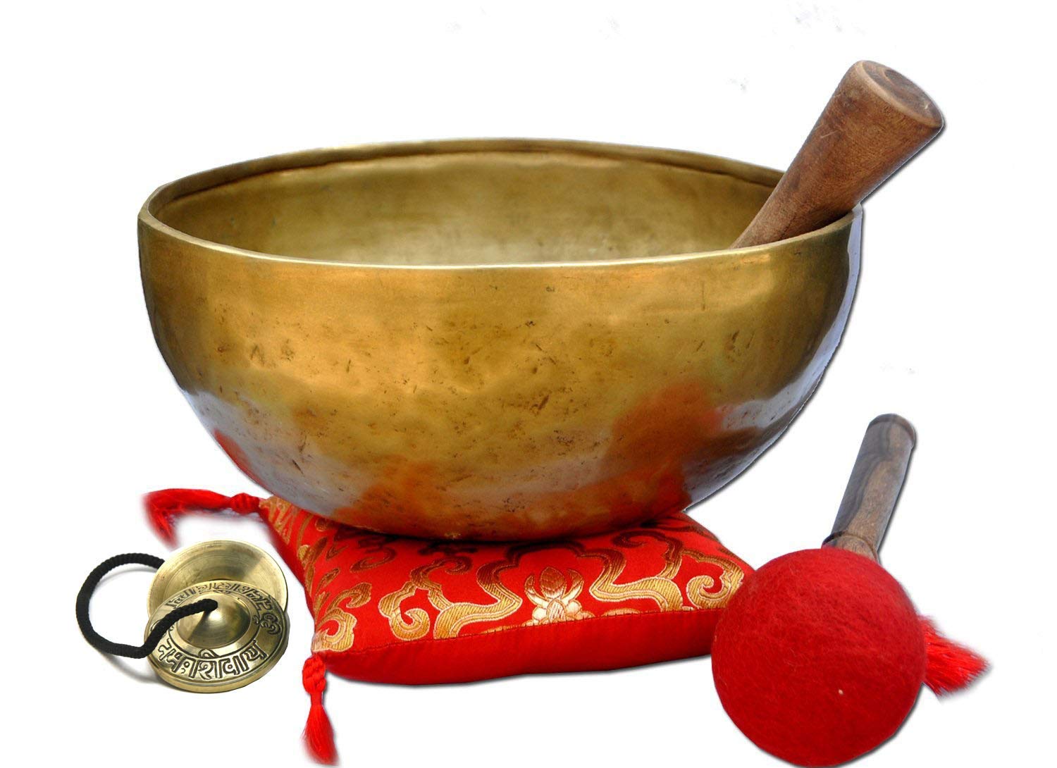 Ajuny Himalayan Sound Healing Singing Bowl Meditation Hand Hammared Plain Golden Bengali Bowls With Cushion Striker And Drum Stick Size Dia 21.5 Cm