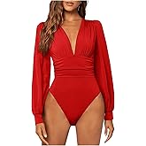 GORGLITTER Women's Sexy Ruched Deep V Neck Long Sleeve Bodysuit Plunging Neckline Leotard Shirts