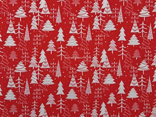 PRESTIGE Christmas XMAS Polycotton Print Fabrics Decoration Crafts Poly Cotton Designs Fabric - Per Metre (New XMAS Trees - Red)