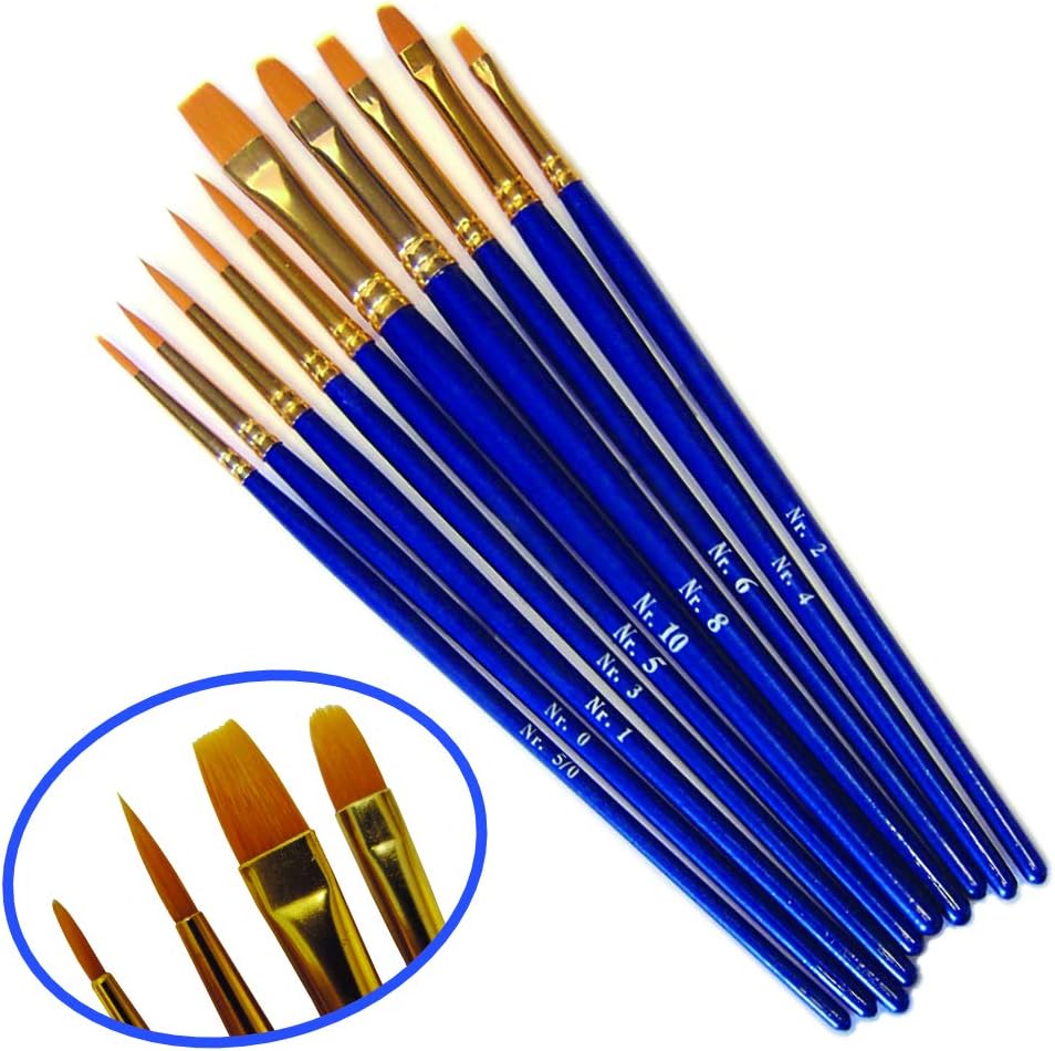 Synthetic Orange Sable Artists Paint Brush Selection Set of 10, Flat