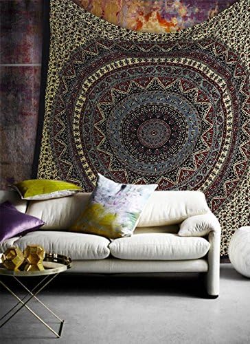 Tapestries - Popular Handicrafts Hippie Mandala Bohemian Psychedelic Intricate Floral Design Indian Bedspread Magical Thinking Tapestry 84x54 Inches,(215x140cms) Light Green Red