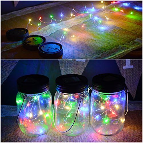 Abkshine 3 Pack Solar Mason Jar Light Lid Insert, 10 LED Multi-color Solar Powered Table Deck Lamp LED Firefly Fairy Lights for Wedding Christmas Holiday Party Decor(Jars Not Included)