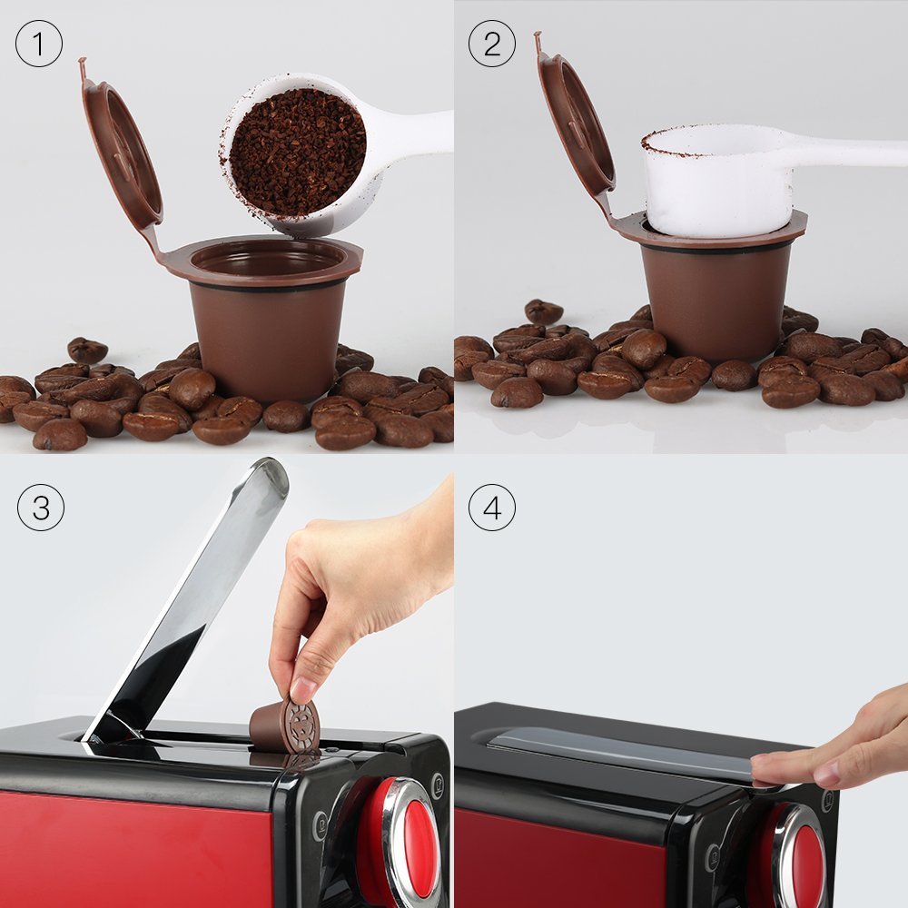 Capsules rechargeables pour Nespresso Lot de 6 Doré réutilisable capsules dosettes avec cuillère