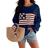 Dressmine Womens American Flag Sweater Knit Long Sleeve Crew Neck Graphic Elegant Soft Loose Pullover