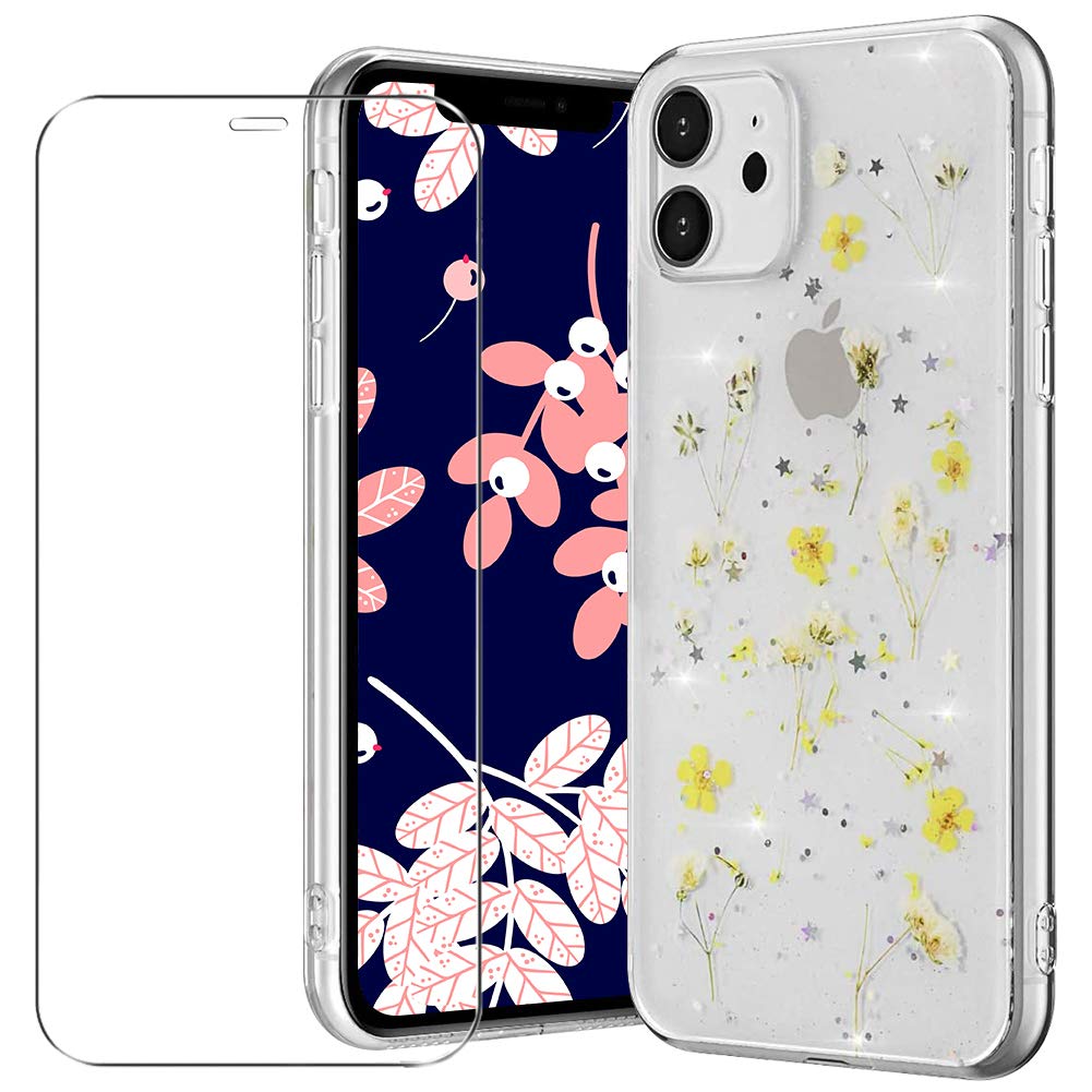MadBee Compatible iPhone 11 Case [With Tempered Glass Screen Protector], Bling Shiny Dried Flowers Clear Sparkle Glitter Soft TPU Silicone Gel Case Cover for iPhone 11 6.1 Inch - Yellow
