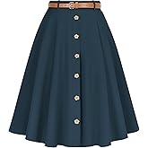 Wedtrend Vintage Skirts for Women Pleated Midi Skirt Button Down Work Skirts A Line Skirt with Belt&Pockets
