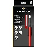 MANUSCRIPT Classic Calligraphy Set, 5 Nib Widths, 11 Piece | Fountain pen, 5 chrome nib widths 0.85-2.8mm, cartridges and converter. Italic, round hand, foundational. Made in UK.