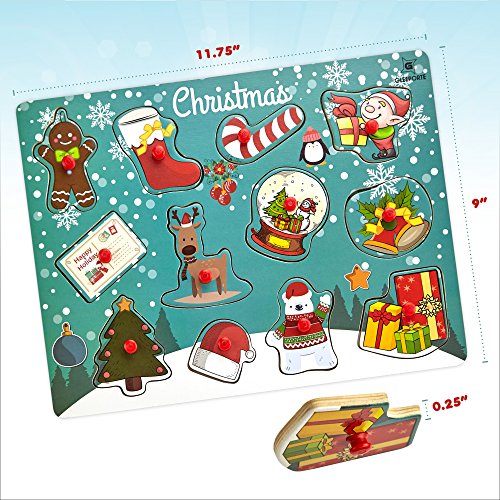Gleeporte Wooden Peg Puzzle, Holiday Christmas Theme - Learning Educational Pegged Puzzle Boards for Toddler & Kids - Christmas (12 Pieces)