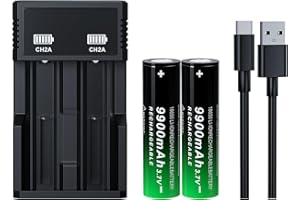 PAOWANG 18650 Rechargeable Battery 3.7Volt Flat Top 9900mAh Large Capacity for Headlamps LED Flashlights(2 Pack,18650 Battery+Charger)