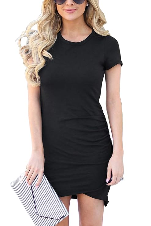 Bequemer Laden Damen kurzes Kleid Rundhals Kurzarm Etuikleid Bodycon Kleid Sexy Stretching Unregelmäßig Minikleid