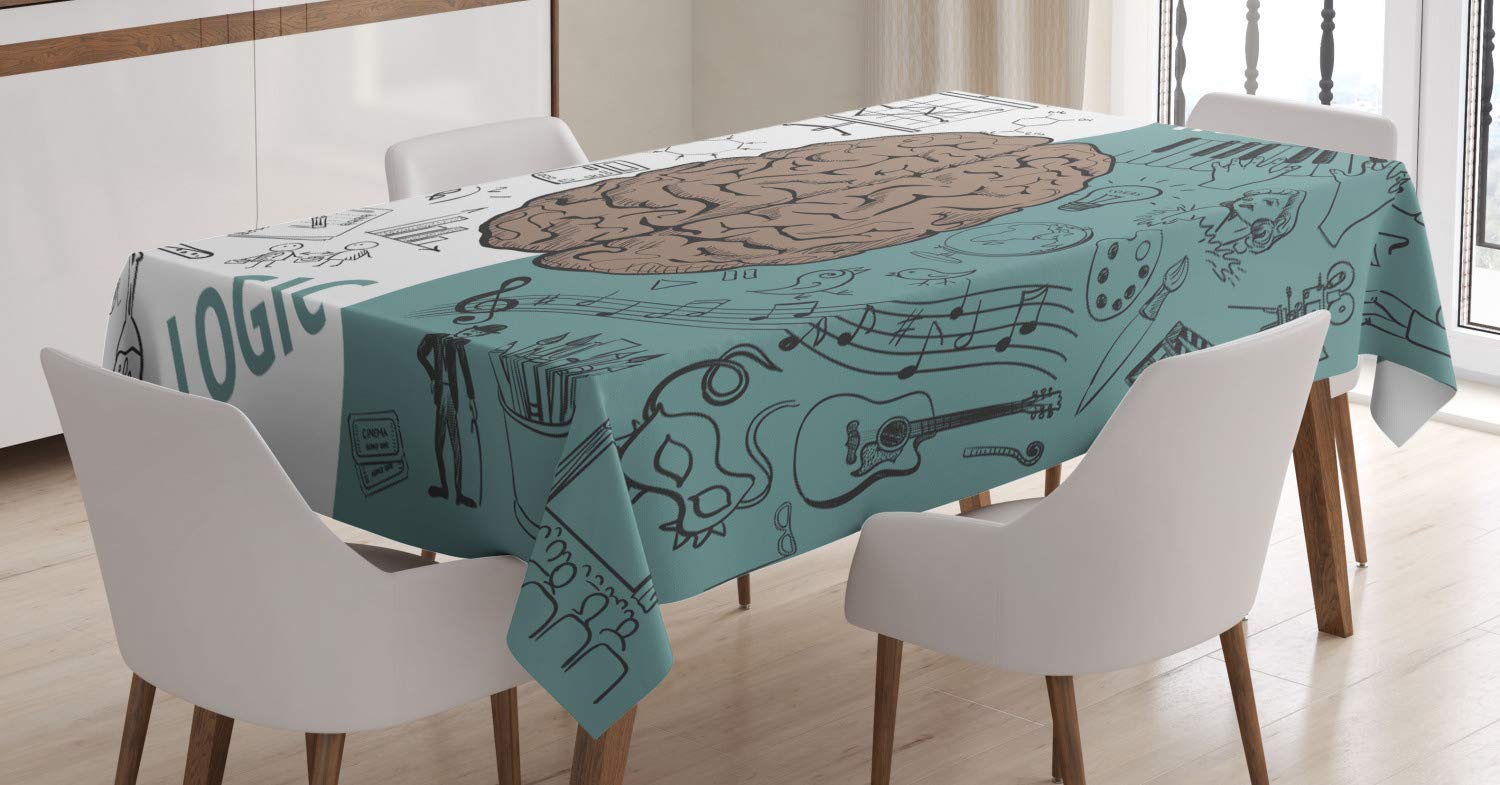 ABAKUHAUS Modern Tablecloth, Brain Image Left and Right Music Logic Artwork Side Science Educational Print, Dining Room Kitchen Table Cover, 54" x 66", White Umbra Brown Teal