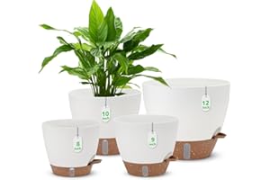 EZMIXCOOP 12" 10" 9" 8" Self Watering Pots with Water Level Indicator, Large Plastic Planters Set with Mesh Drainage Hole and Removable Saucer Reservoir, Big Flower Pot for Indoor Outdoor Plants - White