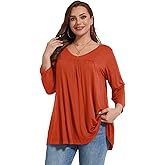 LARACE Women's 3/4 Sleeve Shirts Plus Size Tunic Tops Loose V-Neck Pleated T-Shirts for Leggings