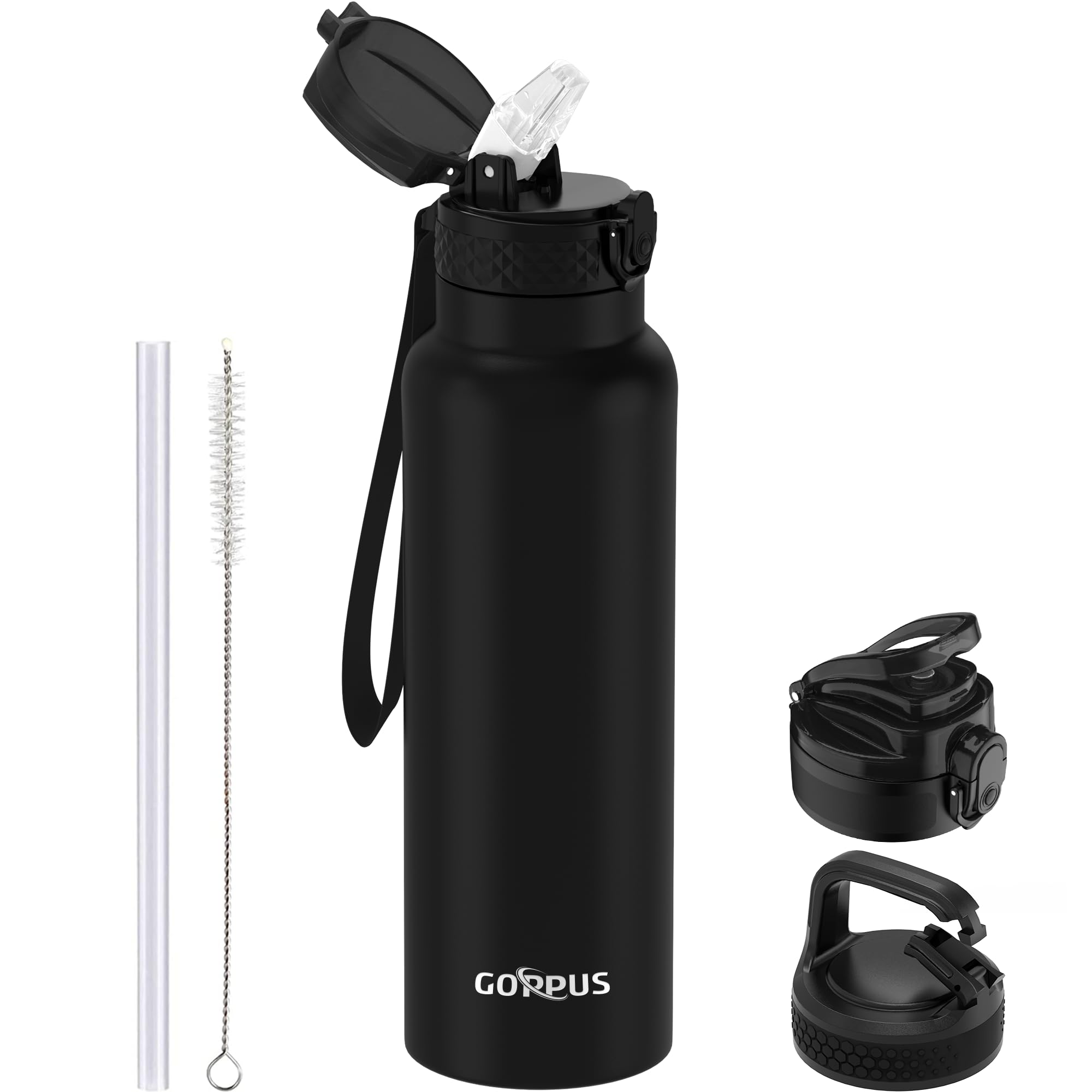 GOPPUS 750ml/26oz Stainless Water Bottle with Straw Double Wall Insulated Bottles with Strap Reusable Vacuum Thermal Flask Leakproof Keep Cold Drinks Bottles with Flip Top Lid for Men Women BPA Free