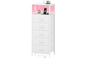 Somdot White Nightstand with Charging Station and LED Light for Bedroom, Tall 5 Drawers Dresser with Fabric Bins for Bedside Kids Dorm Room Closet Laundry Entryway, White Leather