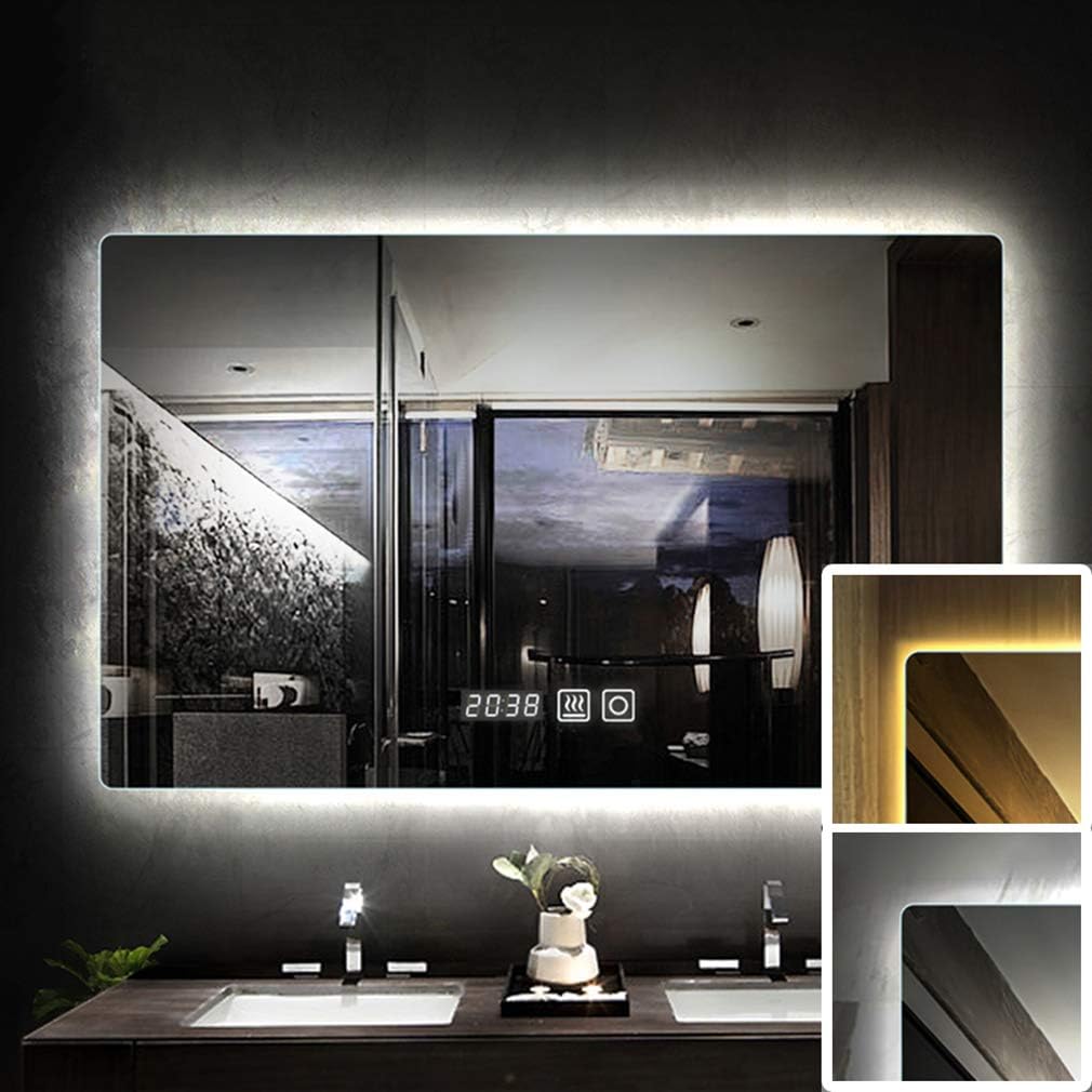 HORV Dimmable Bathroom Wall Mounted LED Mirror, Horizontal/Vertical Rectangle Copper Free Silver Backed Mirror, with Touch Switch, Defogger Mirror, Time Display