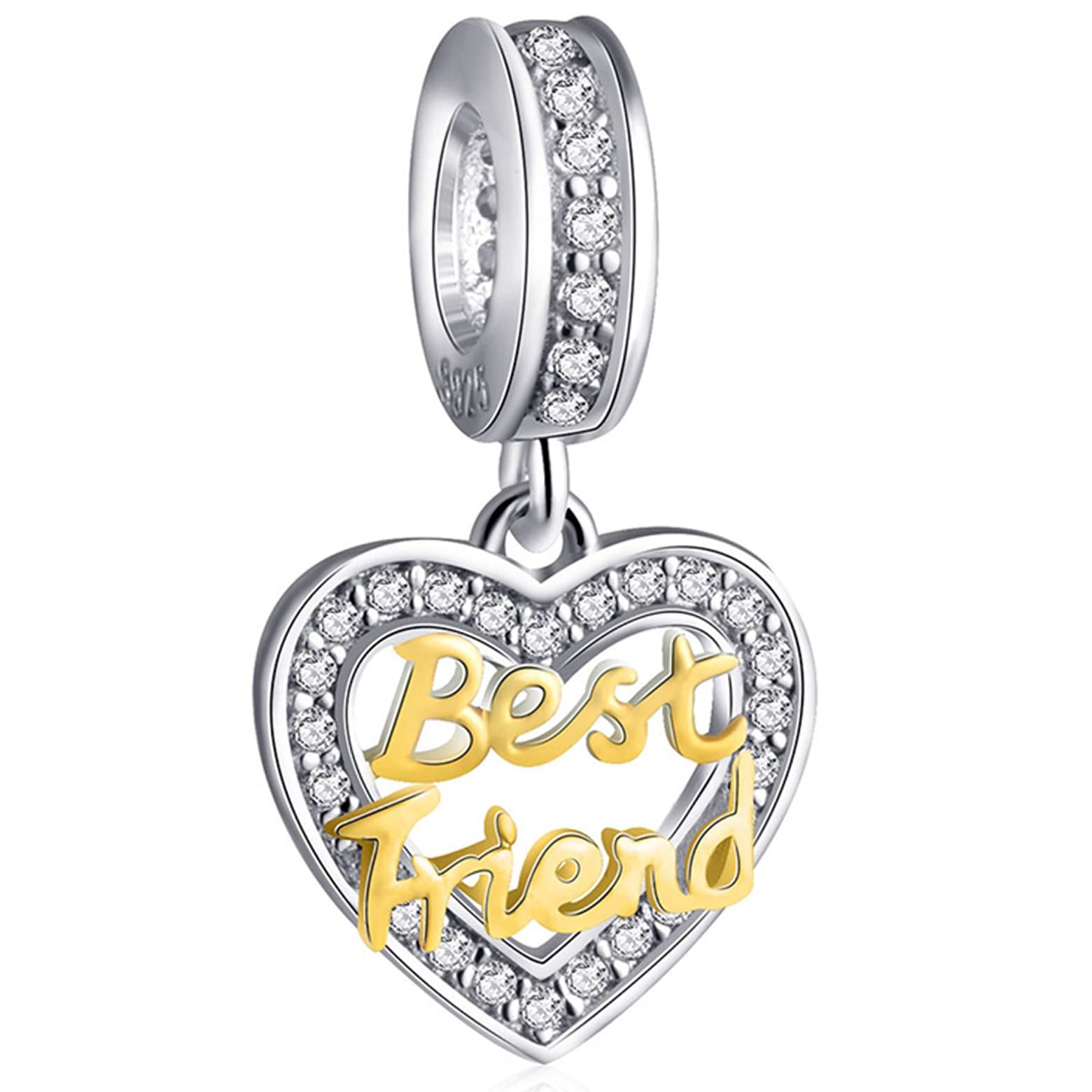 Best Friend Heart Pendant Charms - Fit Pandora Friendship Bracelet/Necklace, 925 Sterling Silver BFF Dangle Beads with CZ, Gift for Birthday/Boyfriend/Girlfriend