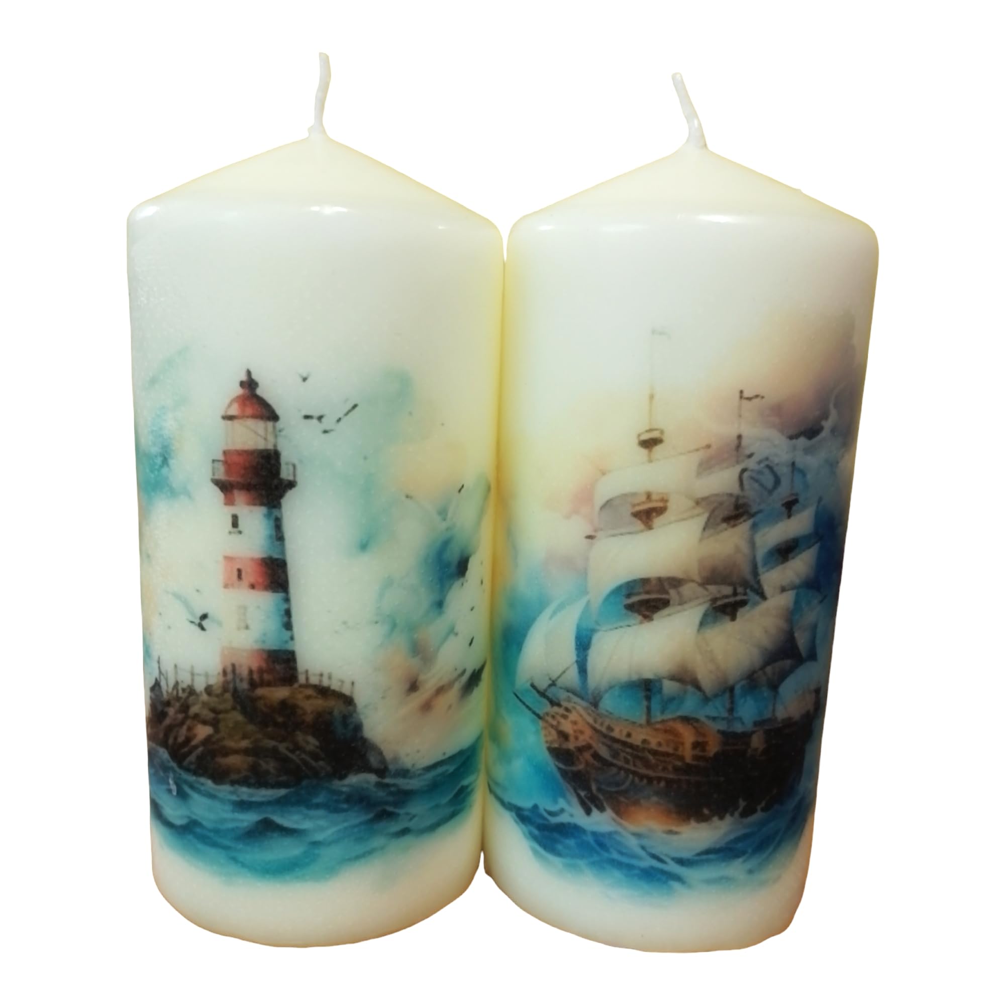 Pillar unscented Wax Candle Set of Two Ship and Lighthouse Decoration Hand Decorated Relax Meditation Home Decor