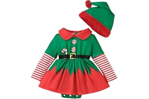 Baby Girls Christmas Elf Costume Cute Christmas Dress Long Sleeve Striped Xmas Dressing Up Outfits Santa Dresses