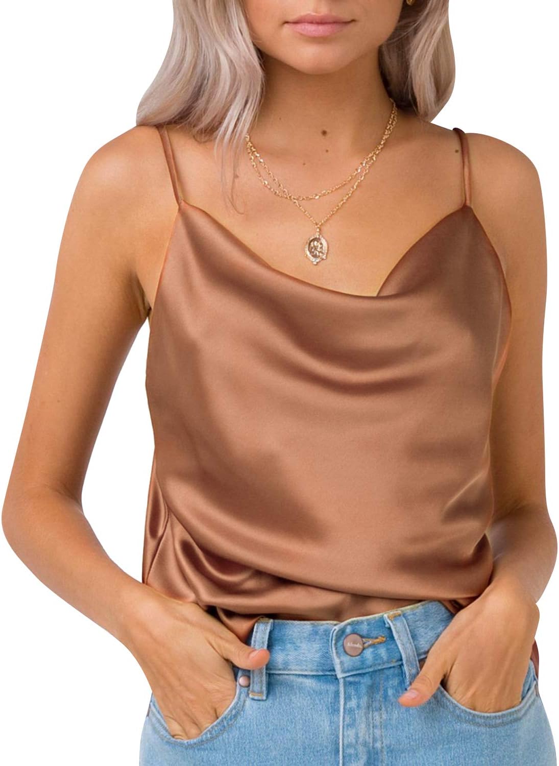 Women's Spaghetti Straps V Neck Satin Camisole Sleeveless Soft Tank Tops