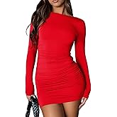 HOT ROEE Women's Going Out Bodycon Long Sleeve Round Neck Ruched Party Club Mini Dresses