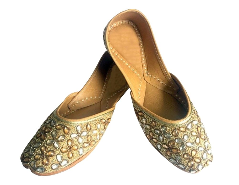 step n style women's gold kundan work punjabi jutti ethnic mojari