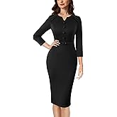 VFSHOW Womens Work Office Business Pleated Notch V Neck Buttons Fitted Belted Pencil Sheath Dress