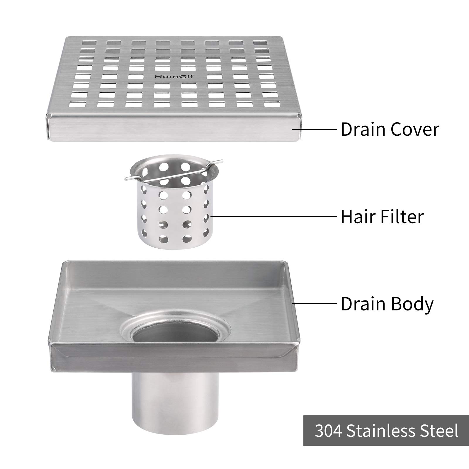 HomGif 5 Inch Square Shower Floor Drain for Bathroom Kitchen SUS 304 Stainless Steel Brushed Finish with Removable Hair Strainer Quadrate Pattern Cover