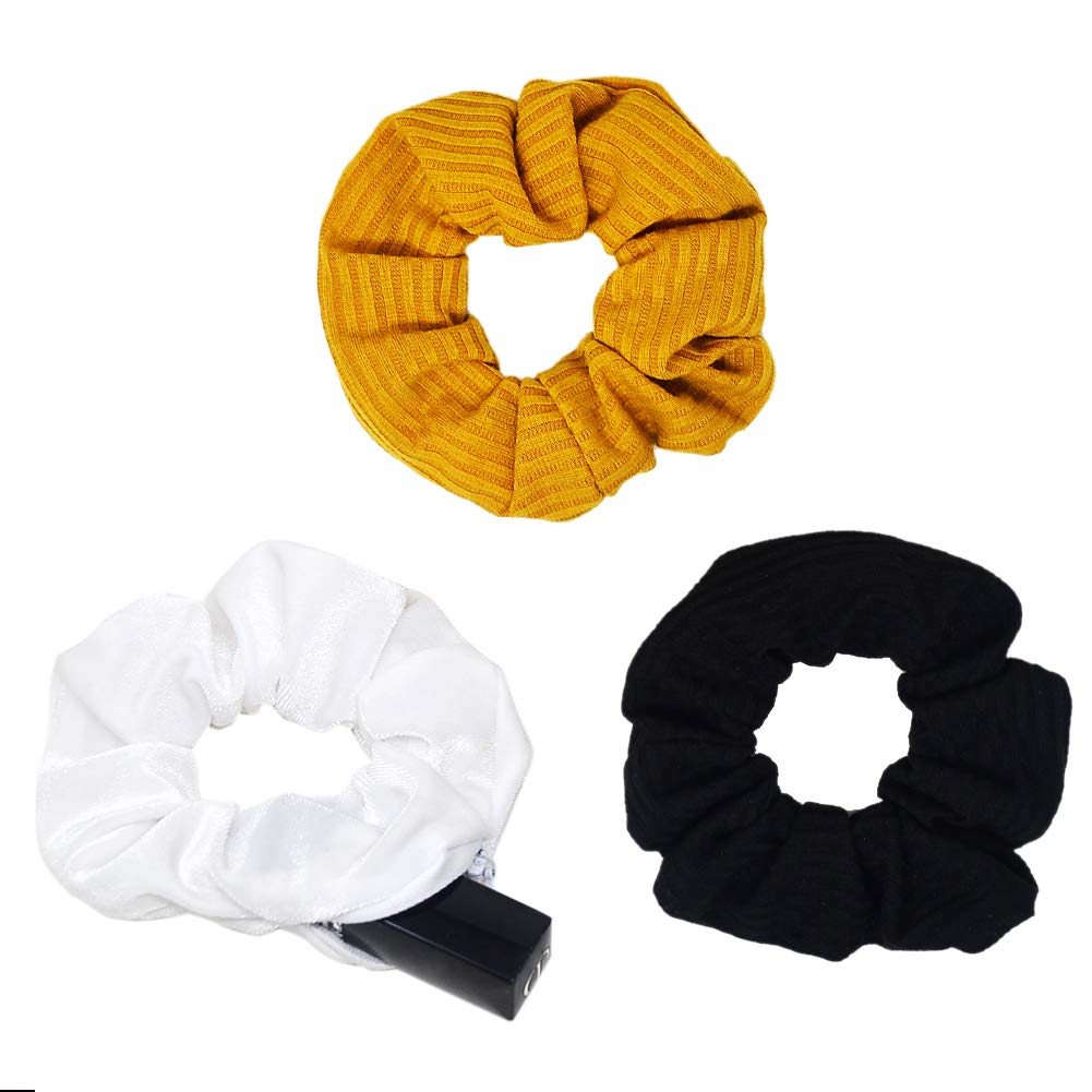 Velvet Hair Tie Scrunchies for Girls & Women - Original Hidden Pocket Scrunchie with Zipper Pocket Storage for Accessories, Small Items, Keys, Money (3-Pack-D)