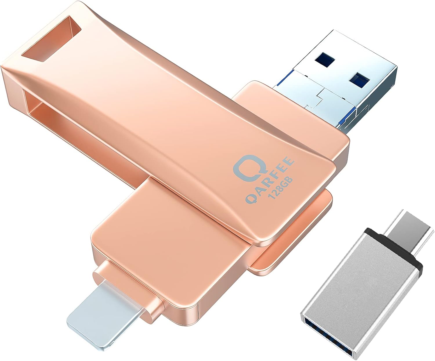 Photo Stick for iPhone, Qarfee (MFi Certified by Apple) 128GB Thumb Drive USB 3.0 Memory Stick Photosticks, Universal OTG USB Flash Drive Compatible with iPhone/iPad Pro/Android/Computer(Pink)