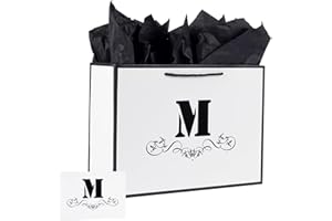 ysmile Letter Gift Bag with Wrapping Tissue for Men Women, 12" Large White Black Paper Bag for Birthday Anniversary Wedding Party - Single M