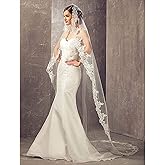Aukmla Wedding Bridal Veils Long Veil with Lace and Metal Comb at the Edge Cathedral Length
