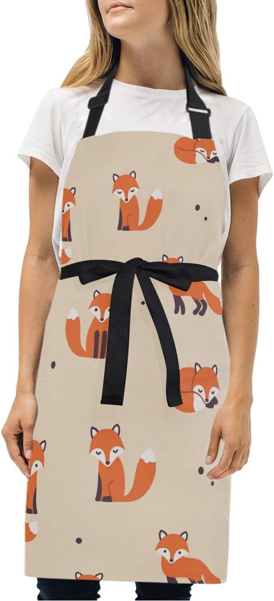 JUAMA Cute Fox Animal Adjustable Bib Apron with 2 Pockets Funny Home Kitchen Cooking Apron for Men Women Kids