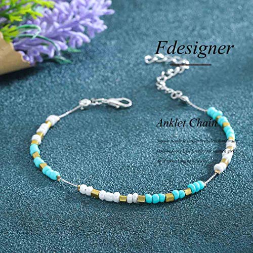 Fdesigner Turquoise Anklet Bracelet Beaded Foot Chain Hippie Beach Jewelry for Women and Girls (Green)