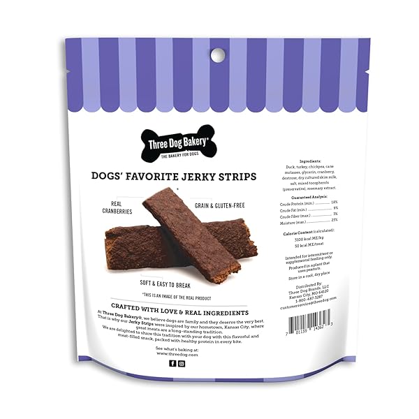 THREE DOG BAKERY JERKY STRIPS DUCK RECIPE WITH CRANBERRIES, 5 OZ – DUCK JERKY FOR DOG TRAINING TREATS, HUMAN-INSPIRED DOG TREATS FOR PUPPY TRAINING, DOG TRAINING