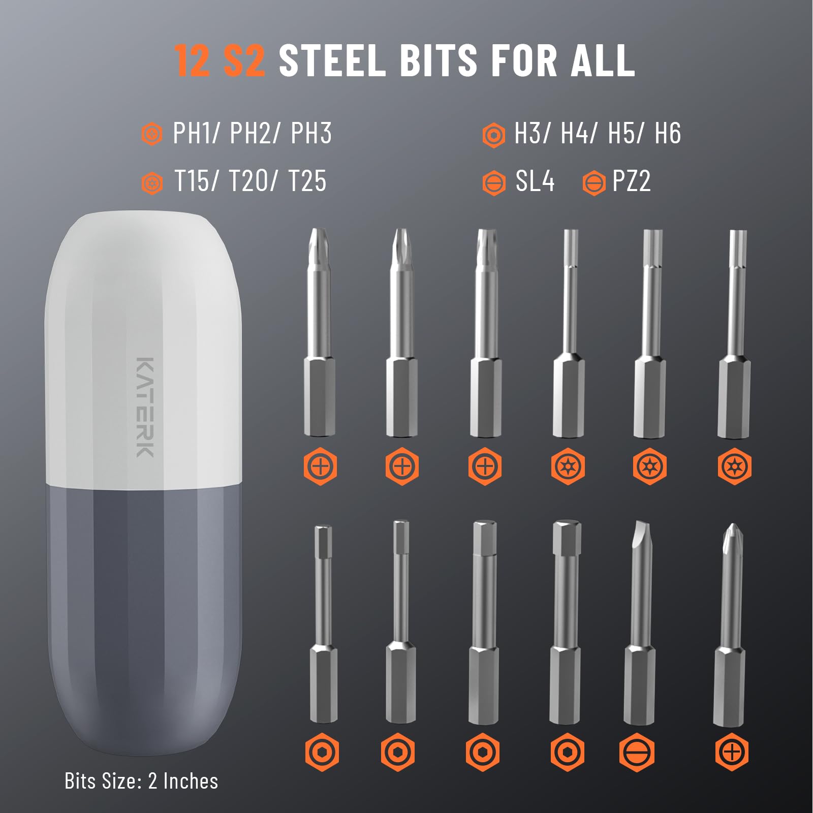 Katerk Electric Screwdriver Set 4v Rechargeable, Cordless Screwdriver 12 S2 Steel Bits, 1500mah USB-C, 3 Torque Settings & Led Light, Portable Power Screw For Furniture Assembly Diy Repair - White