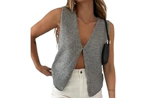 Faretumiya Women Y2k Button Down Crochet Knit Vest Sleeveless Hollow Out Crop Tops Vintage Casual V-Neck Versatile Streetwear