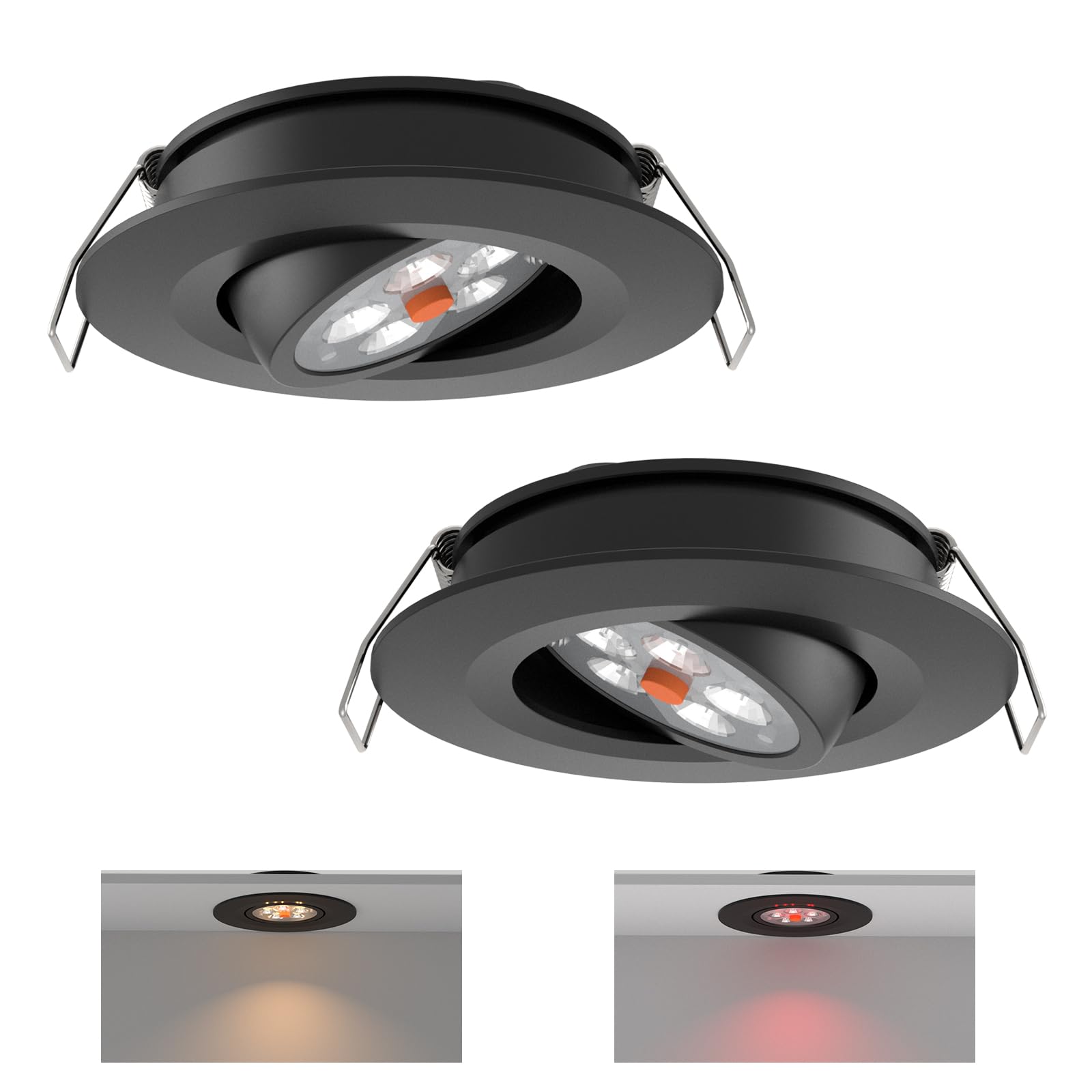 acegoo Campervan Swivel Downlights 12V Recessed LED Spot Light Inbuilt Dimmer Switch & Red Light, for Boat Van Motorhome, 35° Beam Angle Vertical 70° Adjustment Dia 74mm Aluminum (Black 3000K)