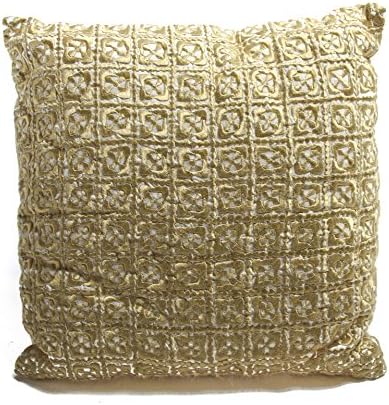 Hand Embroided Silk Pillow,Grid,Gold,14"Wx14"H