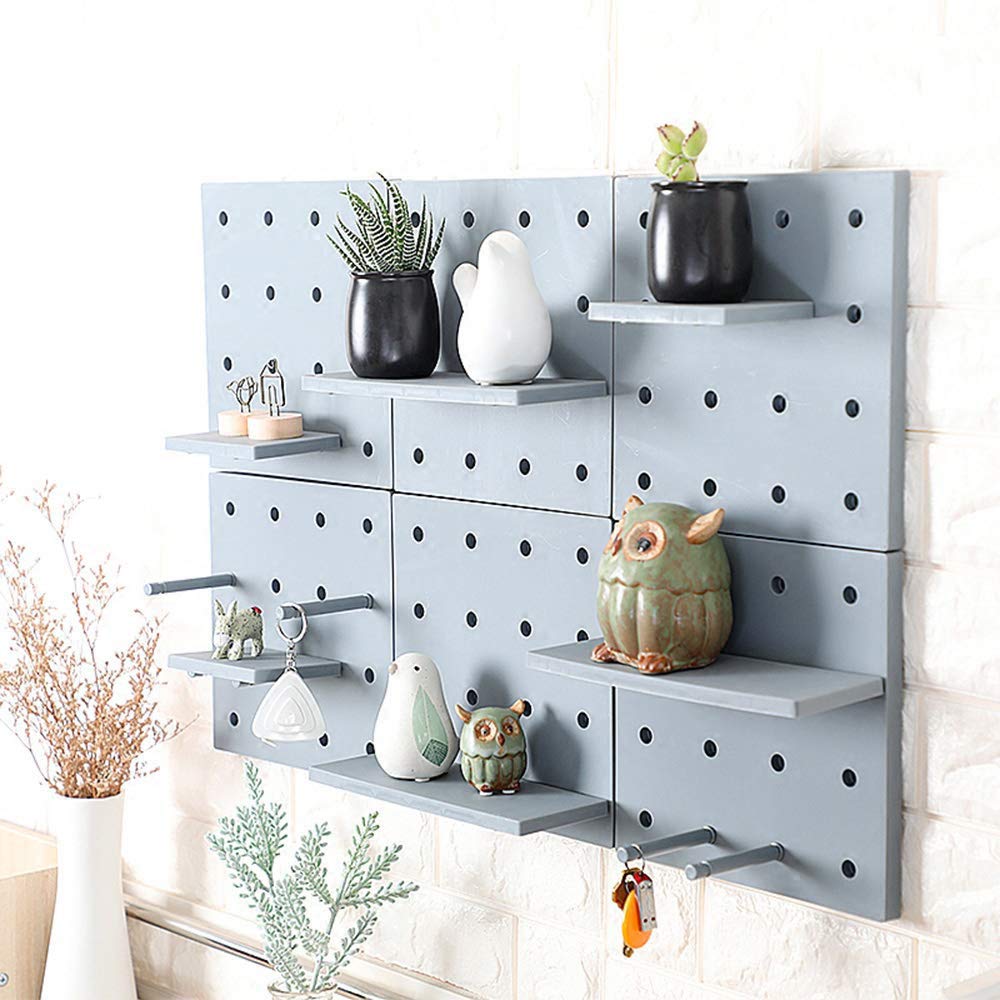 Colored Pegboard Drill-Free Wall Mount Storage Organizer with DIY Floating Shelves Home Décor for Living Room, Entryway, Kitchen, Bathroom and Studio; Grey/Beige; 4pcs/Set (Grey)