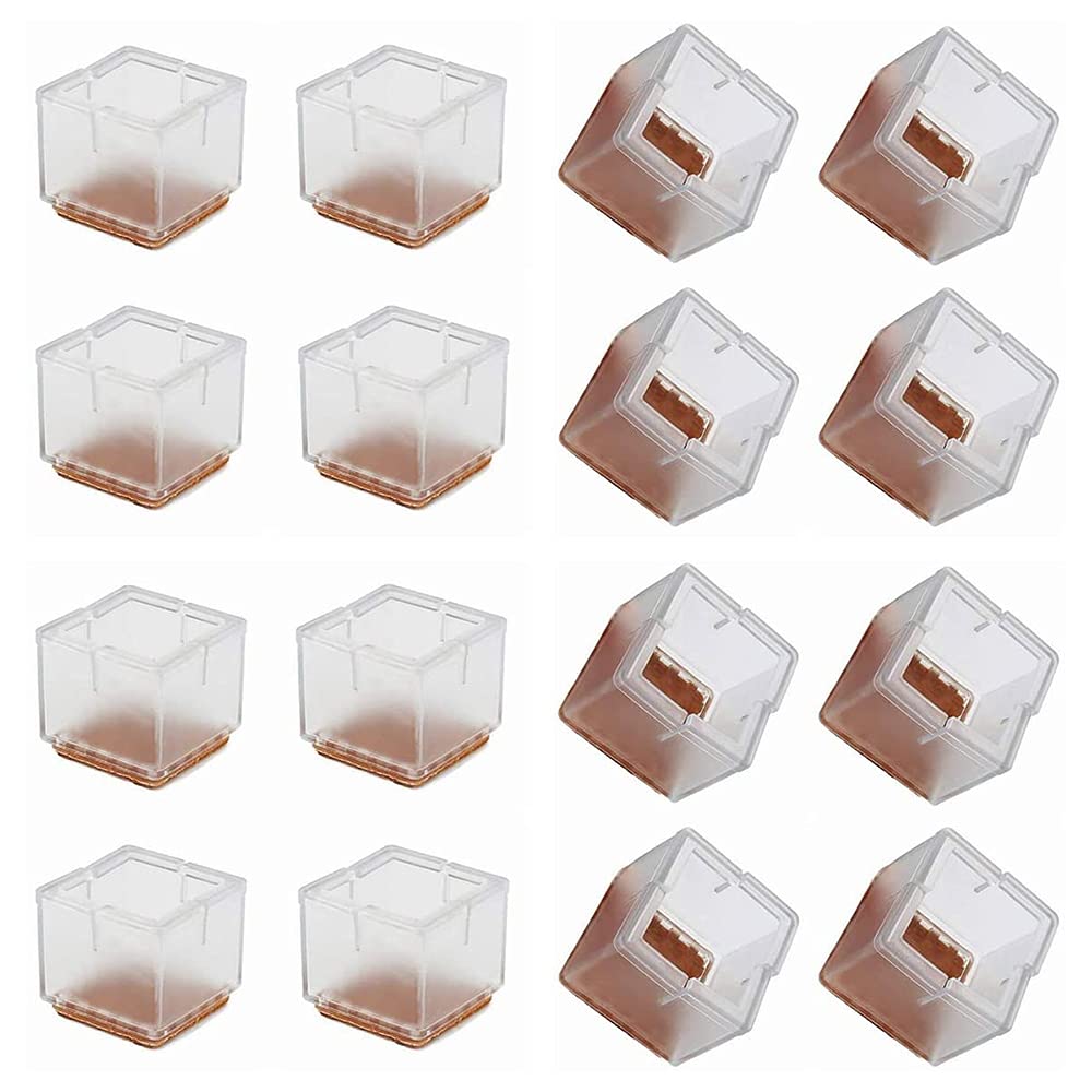ANCLLO 12PCS Transparent Square Chair Leg Wood Floor Protectors Silicone Furniture Chair Legs Caps Covers with Felt Pads-Small