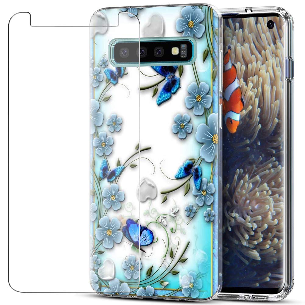 MadBee Galaxy S10 Case + Tempered Glass Screen Protector, Colorful Pattern Printed Design Clear Soft Flexible TPU Protective Cover Case for Samsung Galaxy S10 (Butterfly)