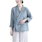 LMSXCT Women's Cotton Linen Retro Chinese Frog Button Tops Traditional Cheongsam Blouses Vintage Long Sleeve Qipao Shirts