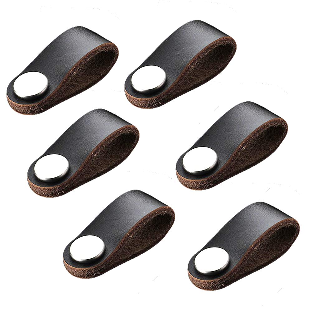 6pcs Leather Furniture Door Handle Modern Europe Style Pull Handle Knob for Doors Cabinets Cupboards Suitcase (Small, Black)