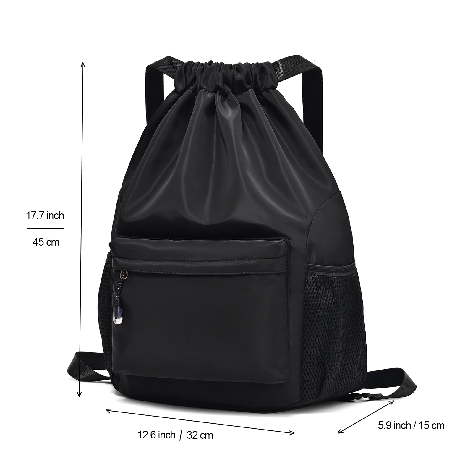 Black Drawstring Backpack for Women, Waterproof Drawstring Gym Bag for Men, Small Cinch Sack for Basketball, Pull String Sport Bag for Soccer.