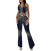 acelyn Women’s Denim Set Vintage Denim Stretch Halter Top and Flare Jeans Outfits Summer Two Piece Outfits Dressy Pants Suits
