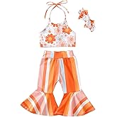 Ursobutegl Toddler Baby Girl Boho Outfits Floral Sleeveless Halter Crop Top Bell Bottom Pants Summer Clothes Set