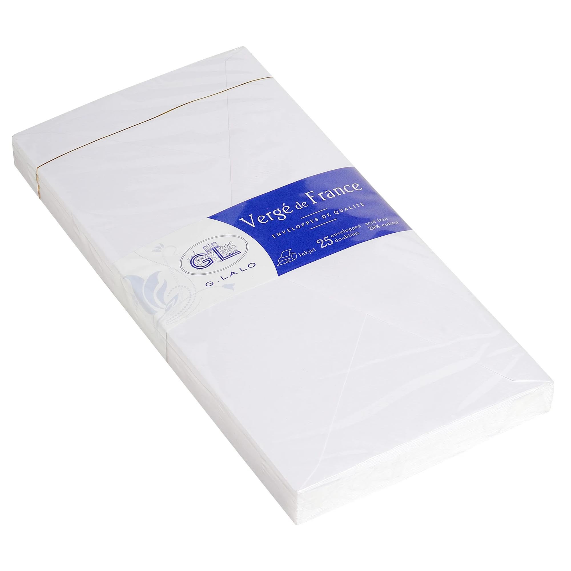 Lalo 22750L - Verge De France Pack of 25 gummed Lined envelopes. Size: DL 11x22 cm, Laid Paper from France, Extra-White, Correspondence Paper Made in France