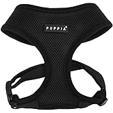Puppia Soft Dog Harness No Choke Over-The-Head Triple Layered Breathable Mesh Adjustable Chest Belt and Quick-Release Buckle, Black, Medium